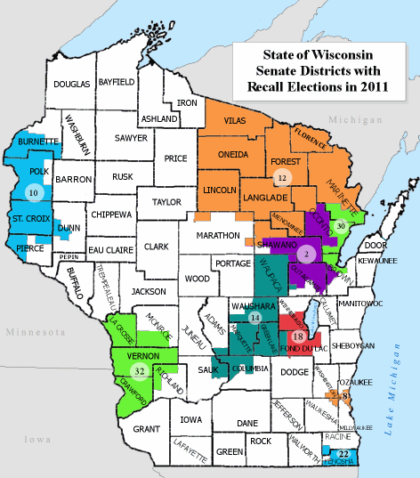State of Wisconsin Senate districts map, highlighting districts involved in the 2011 recall elections, that is: Districts 2, 8, 10, 12, 14, 18, 22, 30 and 32.