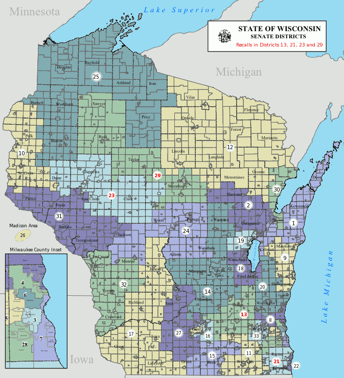 State of Wisconsin Senate districts map: Districts 13, 21, 23 and 29 have recalls.